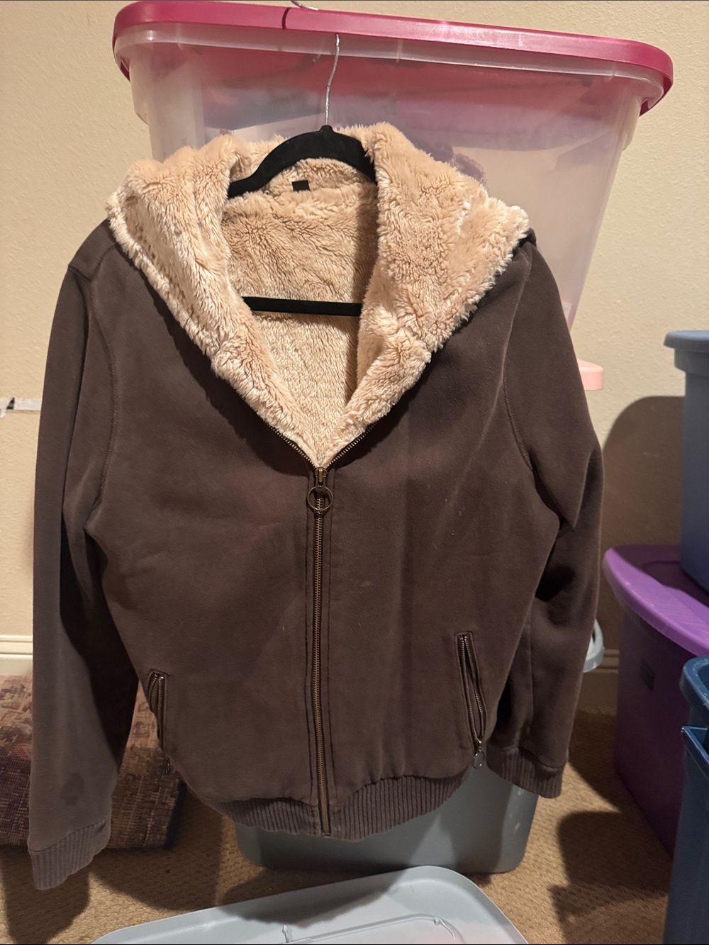 VINTAGE Cozy Faux-Shearling Lined Hooded Jacket - Brown